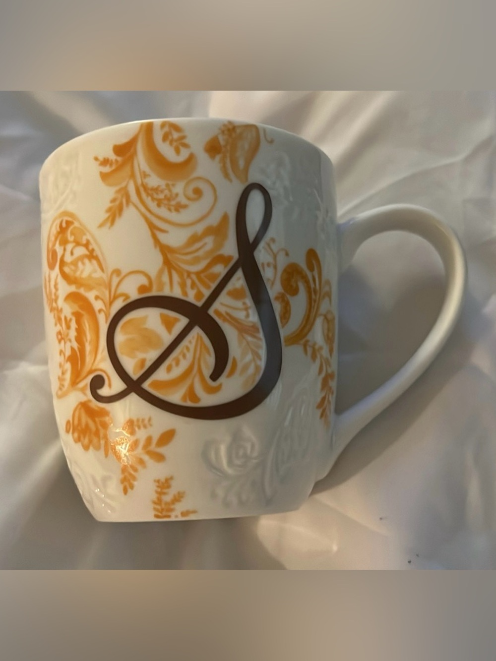 Pier 1 White Mug with Gold Flourish and Brown S Monogram